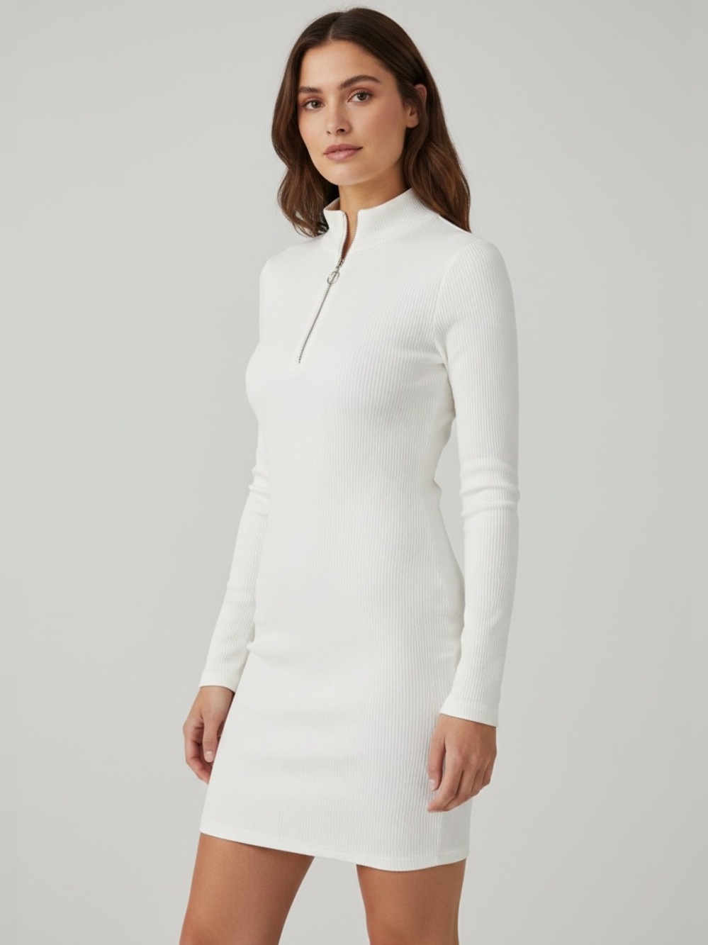 White Ribbed Zip-Front Long Sleeve Dress